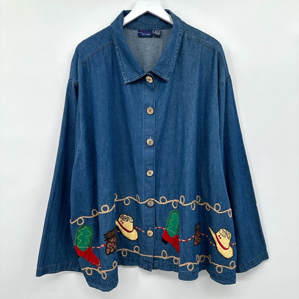 Vintage Y2K Denim Jacket Western Size 4X 5X Cowboy Boots Hat Embroidered Cowgirl